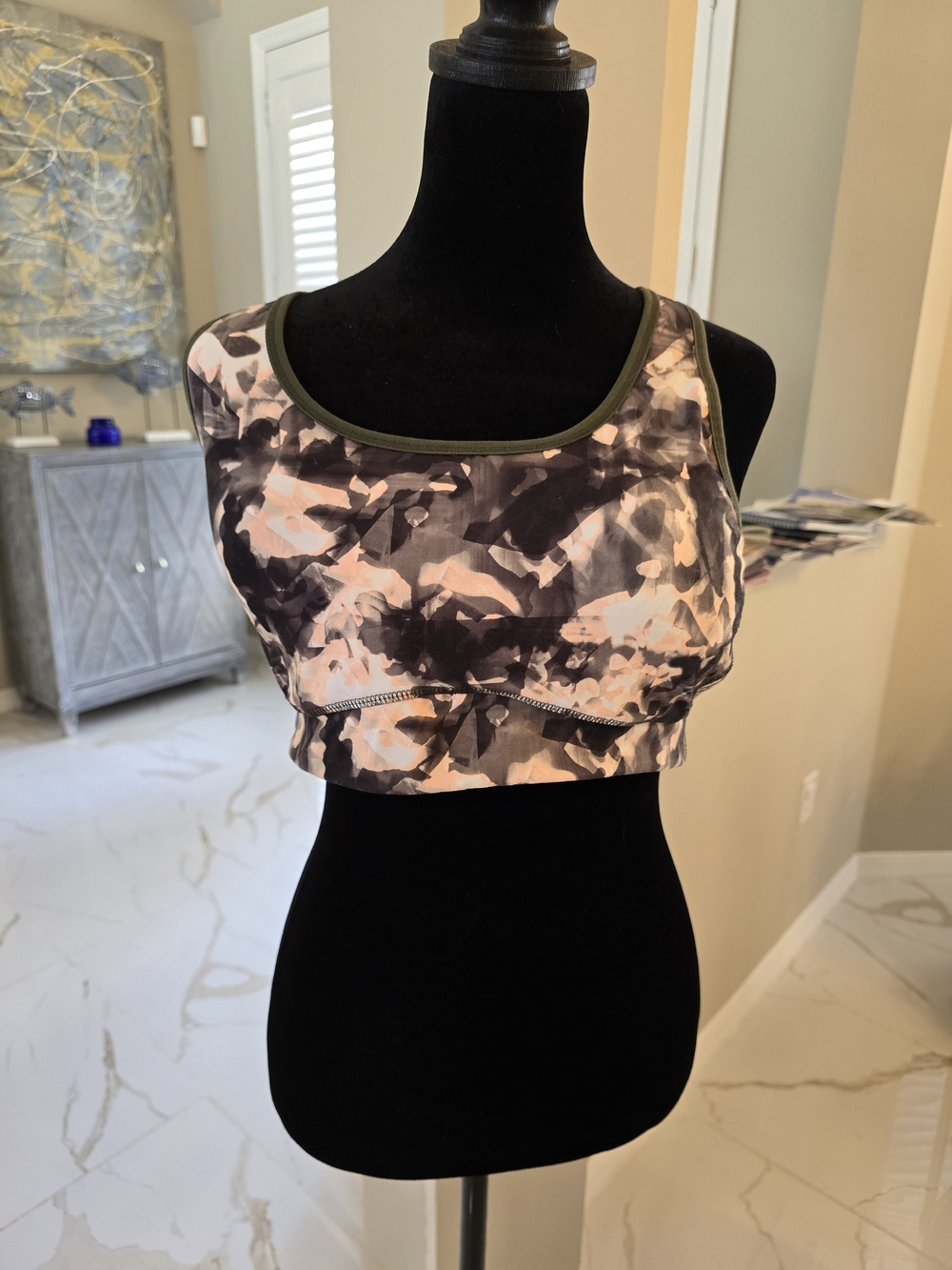 DSG Black and Blush Abstract Print Sports Bra with Olive Trim